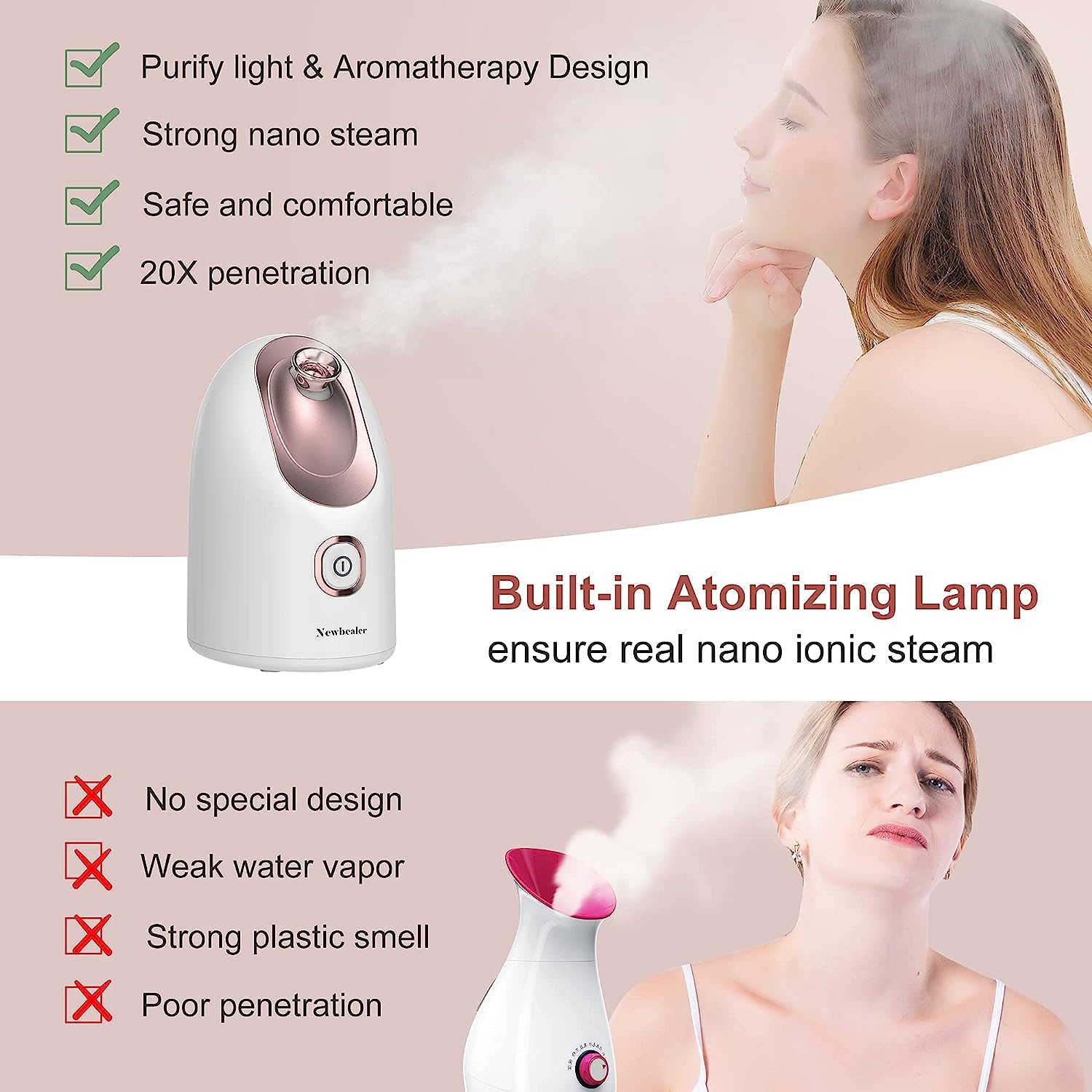 Newbealer Mini Aroma Face Steamer, 160ml Nano Ionic Hot Mist Facial Humidifier Atomizer, Home Sauna Spa Sprayer Moisturizing Cleansing Pores, 9 Pieces Acne Remover Kit Included, Pink-Gold - Image 5
